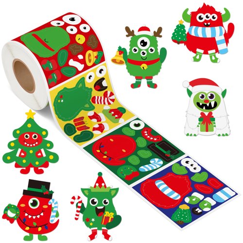 Haooryx 300pcs Christmas Monster Stickers Rolls - Mix and Match DIY Self-Adhesive Cartoon Monster Face Decals Kids's Holiday Party Supplies Make Your Own Xmas Monster Self-Adhesive Sticker Decals