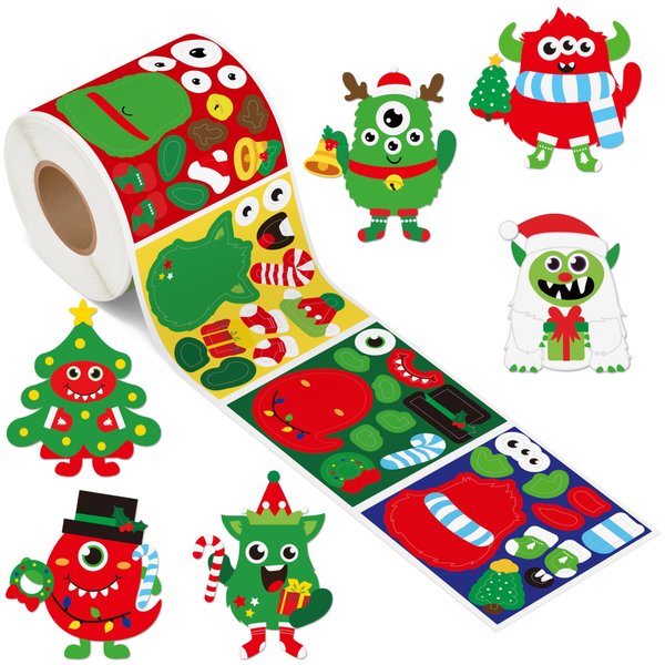 Haooryx 300pcs Christmas Monster Stickers Rolls - Mix and Match DIY Self-Adhesive Cartoon Monster Face Decals Kids's Holiday Party Supplies Make Your Own Xmas Monster Self-Adhesive Sticker Decals