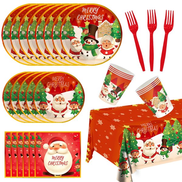 121pcs Christmas Party Plates and Napkins Table Decorations,Christmas Dinnerware Set Serves 24, Christmas Party Supplies for Kids and Adults