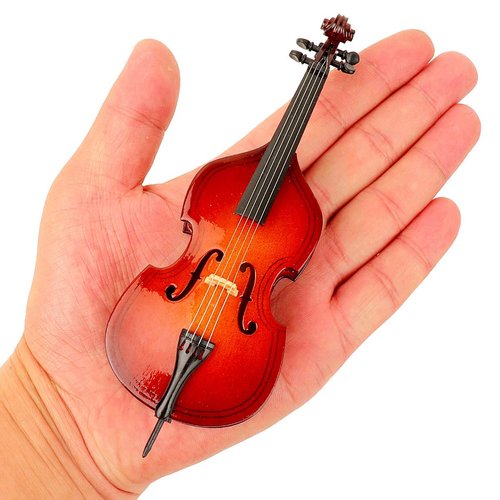 Dselvgvu Wooden Miniature Double Bass with Stand,Bow and Case Mini Contrabass Replica Mini Musical Instrument Collectible Miniature Dollhouse Model Home Decoration (5.71"x2.17"x1.38")