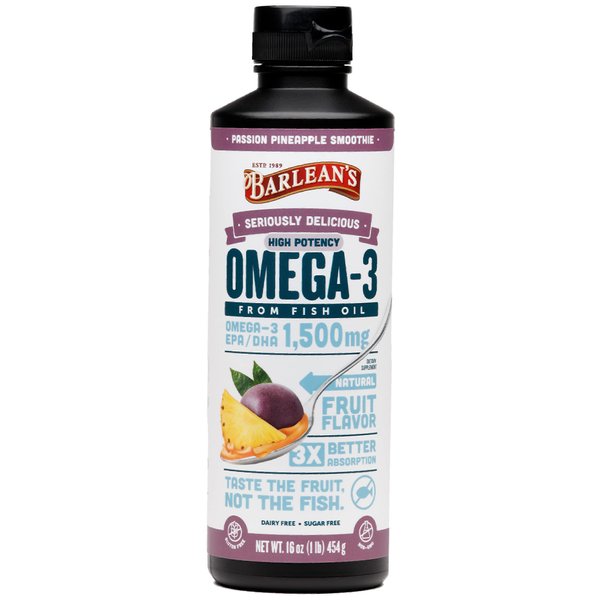 Barlean's Passion Pineapple High Potency Omega 3 Fish Oil Liquid Supplement, 1500mg EPA & DHA Fatty Acid, Smoothie Flavored & Burpless for Brain, Joint, & Heart Health, 16 oz