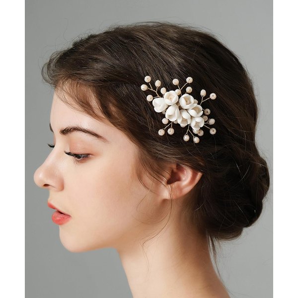 Teyglen Flower Wedding Bride Hair Comb Floral White Flower Headpiece Bridal Champagne Crystal Beads Hair Side Comb Hair Accessories for Women Flower Girl Wedding Prom