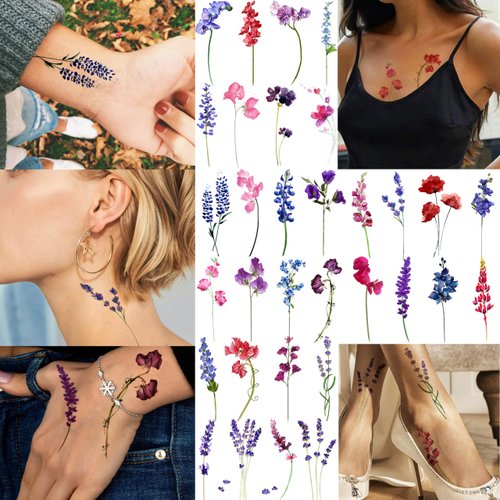 GOROMON 15 Sheets Watercolor Flower Lavender Temporary Tattoos For Women Adults, Water Color Tiny Wild Floral Tattoo Sticker, Fake Tattoos That Look Real And Long Lasting