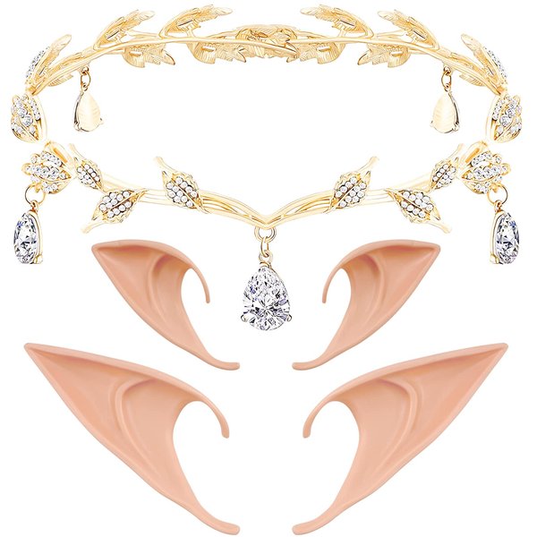 Vintage Waterdrop Leaf Tiara Crown Headband Elf Ears for Halloween Bridal Bridesmaid Pageants Wedding Prom (Gold)