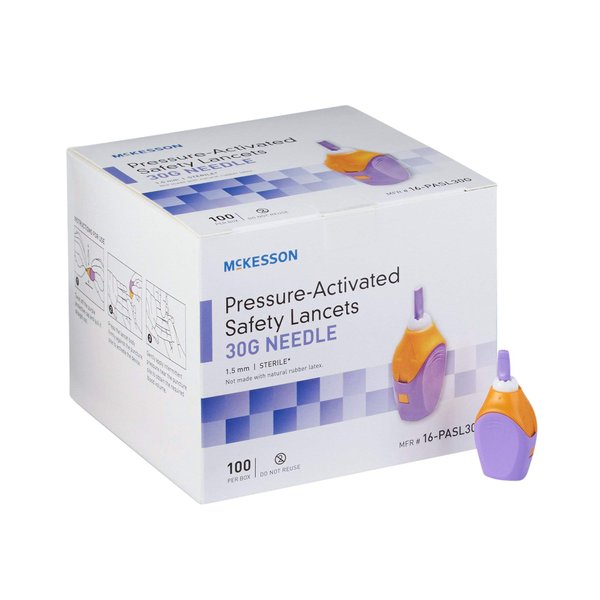 McKesson Safety Lancet, Retractable, Pressure-Activated Finger Device, Sterile - Ideal for Blood Testing - Single Use, 30 Gauge, 1.5mm Depth, 100 Count, 1 Pack