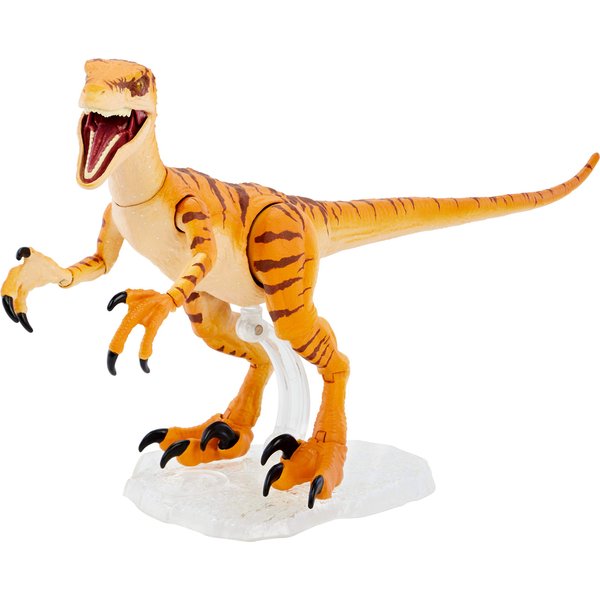 Mattel Jurassic World Toys Amber Collection Tiger Velociraptor 6-in Dinosaur Action Figure, Movie-Authentic Detail, Movable Joints & Figure Display Stand, Collectible Gift 8 Years & Up