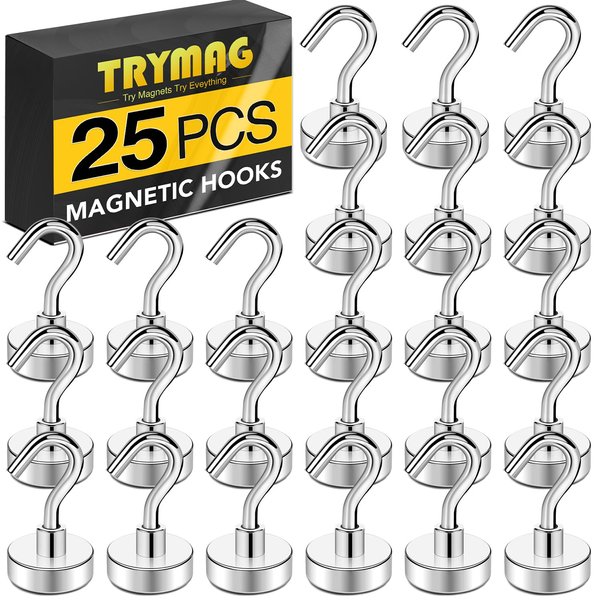 TRYMAG Magnetic Hooks Heavy Duty, 30Lbs Super Strong Magnet Hooks for Hanging, Neodymium Earth Magnets with Hook for Refrigerators and Cruise Cabin, Grill, Workplace-25pcs