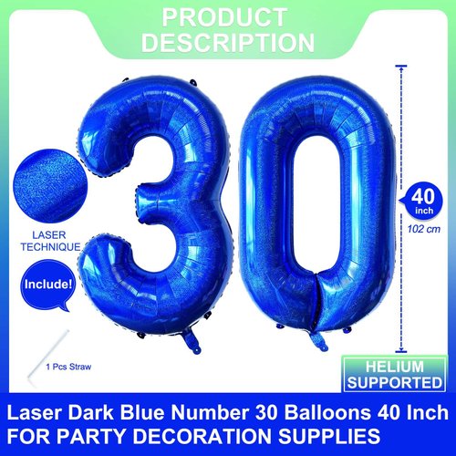 Blue 30 Number Balloons 40 Inch Giant Laser Navy Blue 30 Helium Balloons for 30th Boys Birthday Party Supplies 30th Anniversary Events Decorations