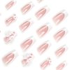 ROFIBUT Pink Press on Nails Medium Long Coffin Square Fake Nails Glossy White French Tip Glue on Nails with 3D Pink Flower Bow Charms Cute Ballet Full Cover False Nails for Women Girls Manicure 24Pcs