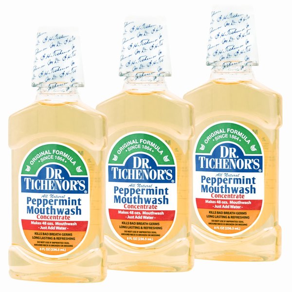 Dr. Tichenor's Peppermint Mouthwash Concentrate - Oral Rinse for Bad Breath and Oral Health with a Minty Punch for Soothing Relief of Minor Sore Throat Irritation - 8 Ounce (Pack of 3)