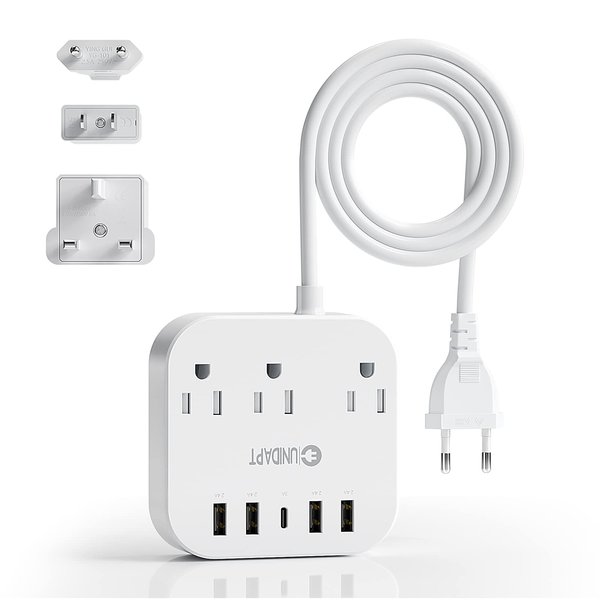 European Plug Adapter, Unidapt US to UK Europe Power Strip for EU/UK/US with USB C and 4 USB Ports, 3 AC Outlets, Wall Mountable, 5ft Extension Cord, for Travel Cruise Ship Home