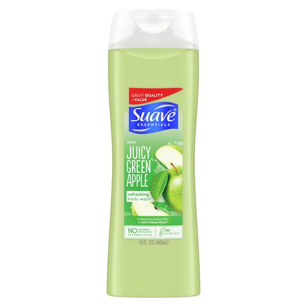 Suave Essentials Body Wash for Hydrated Skin Juicy Green Apple,Paraben Free Body Wash 15 oz