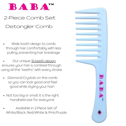 BABA - 2 Piece Diamond Crystal Wide Tooth Detangler Comb – Combs for Women, Hair Comb, Detangles Wet or Dry Hair, Detangling Comb, Wide Tooth Comb for Curls, Hair Brush Detangler (Pink Purple)