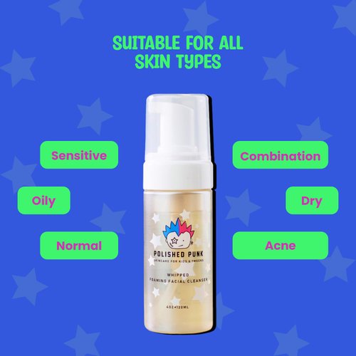 Polished Punk Whipped Foaming Facial Cleanser, Daily Skincare Tear-Free and All-Natural Facial Wash for Kids and Tweens, 40z (120ml)