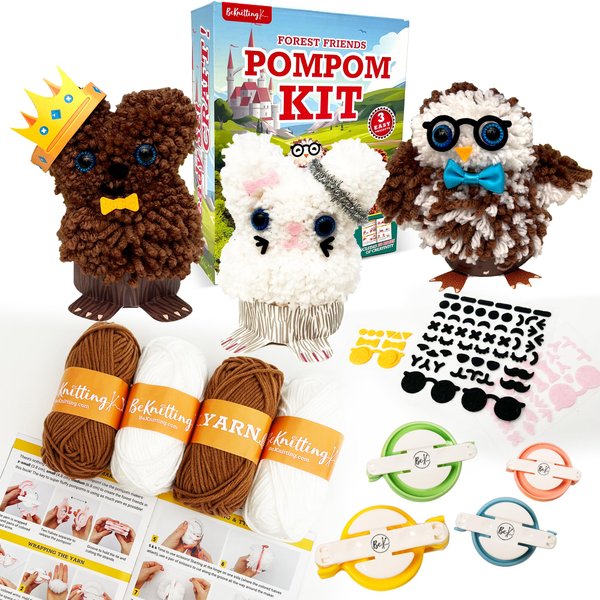 BeKnitting Pompom Craft Kit | Craft Supplies for Kids Age 5+ | Complete with Yarn & Pompom Makers| Gift Box | Knitting Toy Art