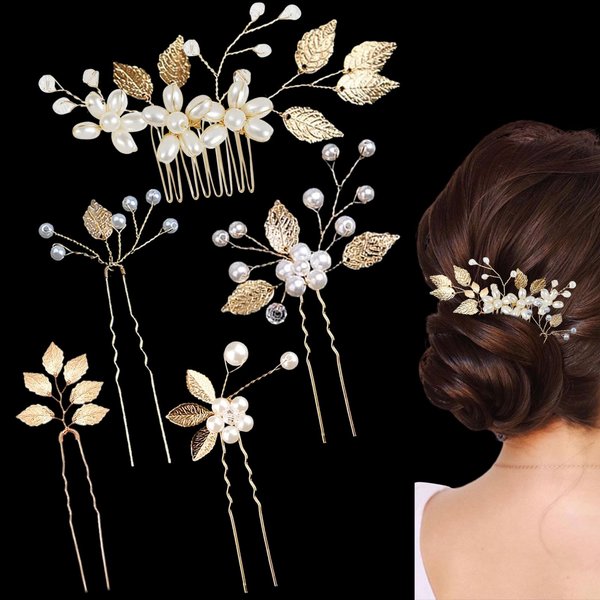 REDANHA 5 Pieces Wedding Hair Pins Gold Leaf Headpiece Crystal Pearl Flower Hair Pins Vintage Hair Accessories for Brides Bridesmaids Women and Girls