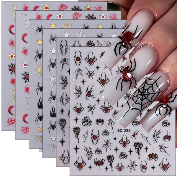 6 Sheets Halloween Nail Stickers Gold Silver Black Spider Web Nail Decals with Glitter Designs 3D Self-Adhesive Star Spider Nail Supplies Horror Stars Heart Flame Nail Art Stickers for Women Girls