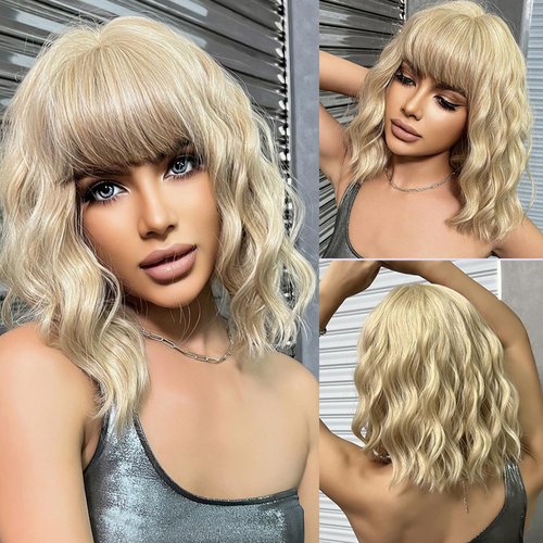 incohair Green Wigs for Women 12 inches Short Curly Green Wig with Bangs Loose Wavy Wig Curly Wavy Wig Shoulder Length Short Bob Synthetic Cosplay Wig for Girl Costume Wigs Wig Cap Included (Green)