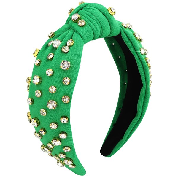 Ondder Green Knotted Headband for Women’s Hair Top Knot Beaded Women Headband Shiny Rhinestone Headband Fashion Jeweled Headband Rhinestone Hair Accessories for Women