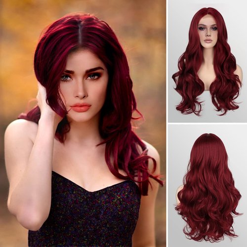 Onpep Simulated Lace Scalp Wigs Wine Red Long Wavy Natural Hairline Wig Glueless Heat Resistant Synthetic Wigs for Women