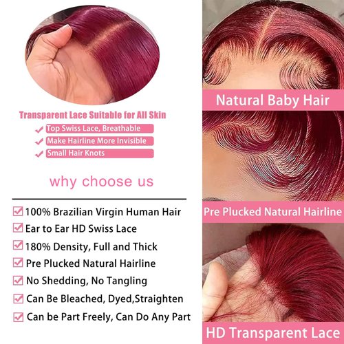 TopSilky 13x4 burgundy lace front wigs human hair Pre Plucked 180 Density HD Body Wave Lace Front Wigs Human Hair Pre Plucked Bleached Knots Transparent Frontal Wigs Human Hair(26inch)