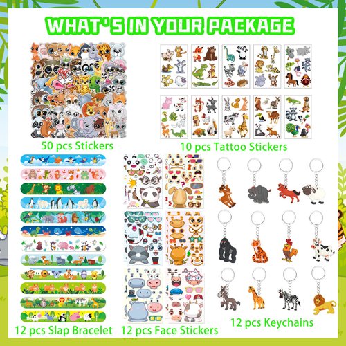 96 Pcs Jungle Safari Party Favors for Girls Boys Jungle Animals Birthday Party Supplies with Slap Wristbands, Keychains, Make a Face Stickers, Tattoos Stickers and Stickers for Kids Decoration Gifts