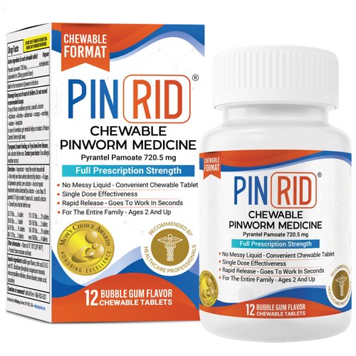 PIN RID Pyrantel Pamoate Dewormer for Humans - 250mg, Pinworm Medicine for Adults & Kids, Fast Acting Human Dewormer Treatment for Pinworms, Hookworm, Roundworm, Whipworm, 12 Chewable Tablets
