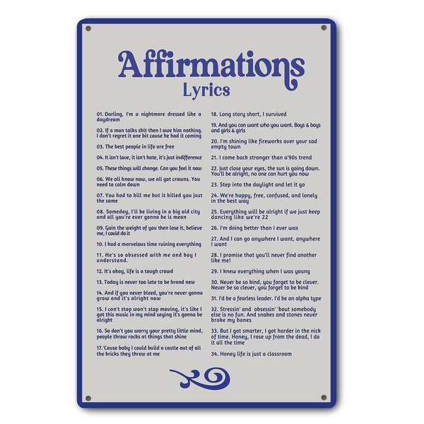Bestylez Affirmations Positive Lyrics Sign Room Bedroom Decor Valentine's Day Gift for Girls Boys Women Music Lovers Fans 8X12 Inch (274)