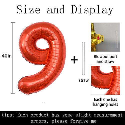 40 inch Big Size Number 9 Foil Helium Balloons Birthday Party Celebration Decoration, Digital Decorations Supplies, Wedding Anniversary Inch Decoration Kids(Red,Number 9)