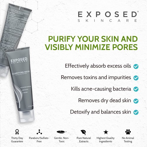 Exposed Skin Care Activated Charcoal Face Mask to Purify Skin, Regulate Oil Production and Visibly Minimize Pores – Clarifying Acne Treatment Mask with Bentonite and Sulfur (1.7 Fl. Oz.)
