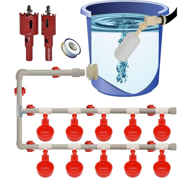 Complete Set Pipeline Automatic Chicken Nipple Waterer Cups and 1/2" PVC Tee Fittings Pipe Feeder Poultry Waterer Chicken Waterer Chicken Water Cup Chicken Waters Chicken Watering System