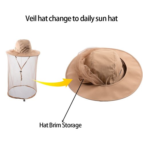 Head Netting Mosquito Net Hat Beekeeper Bee Veil Hat Bug Face Cover Netted Fishing Safari Hats Dog Grooming Women Men Khaki