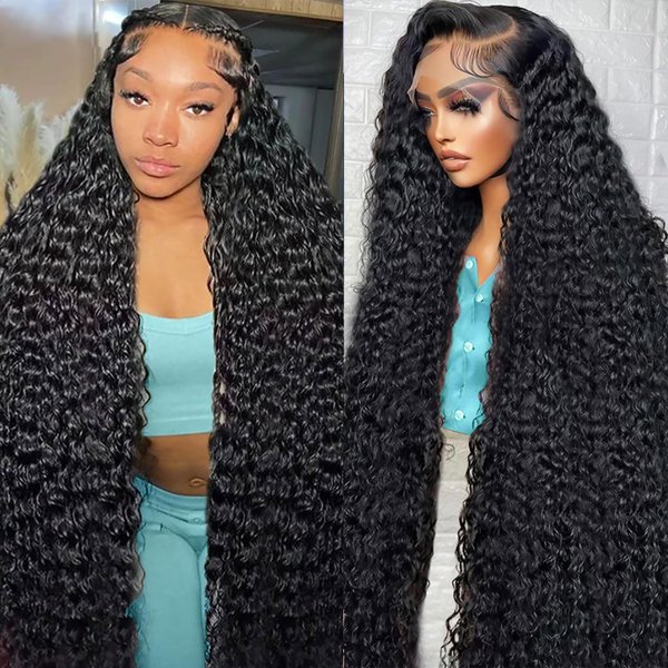 Rujoe Deep Wave Lace Front Wigs Human Hair Pre Plucked 150% Density 13x4 HD Transparent Lace Frontal Wigs Human Hair For Women Deep Curly human hair wigs(30 Inch)