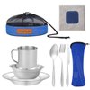 Stainless Steel Camping Cutlery Set, 8 Piece - Includes Spoons, Mugs, Bowls, Plates, Rags & Organizer Straps - Easy to Carry for Backpacking, Camping, Hiking and Picnics (Blue)