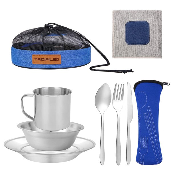 Stainless Steel Camping Cutlery Set, 8 Piece - Includes Spoons, Mugs, Bowls, Plates, Rags & Organizer Straps - Easy to Carry for Backpacking, Camping, Hiking and Picnics (Blue)