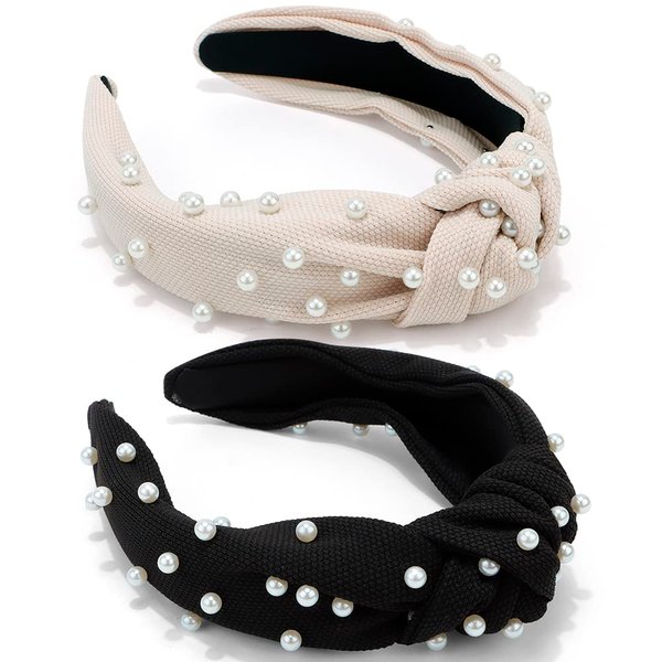 Atoden Pearl Knotted Headbands for Women 2Pcs Black Headband Top Knot Headbands Beaded Headband Jeweled Head Bands for Women's Hair Embellished Headbands Hair Bands Hair Accessories Gifts