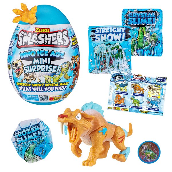 Smashers Dino Ice Age Sabre Tooth Tiger by ZURU Mini Surprise Egg with Many Surprises! - Slime, Dinosaur, Collectibles, Toys for Boys and Kids (Sabre Tooth Tiger)