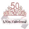 DORADREAMDEKO 50th Birthday Sash and Tiara for Women - Fabulous Glitter Sash + Leafs Rhinestone Pink Premium Metal Tiara for Her, 50th Birthday Gifts for 50 Party