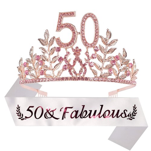 DORADREAMDEKO 50th Birthday Sash and Tiara for Women - Fabulous Glitter Sash + Leafs Rhinestone Pink Premium Metal Tiara for Her, 50th Birthday Gifts for 50 Party