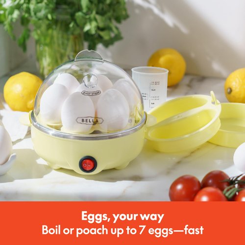 BELLA Rapid Electric Egg Cooker and Poacher with Auto Shut Off for Omelet, Soft, Medium and Hard Boiled Eggs - 7 Egg Capacity Tray, Single Stack, Yellow
