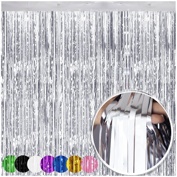 12 Pack of 3.28 ft x 8.28 ft Silver Foil Fringe Backdrop Curtains Thicken Metallic Tinsel Streamer Party Decorations for Christmas New Year Birthday Wedding Graduation Party Decor Supplies