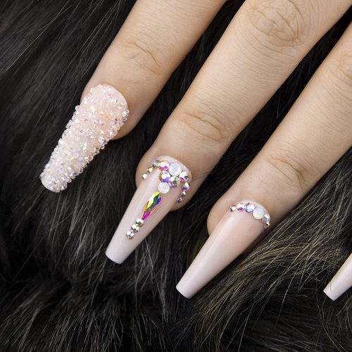 Kikmoya Extra Long Coffin Press on Nails, Crystal Luxury Nails with Silver Opal rhinestones, Pink French Mixed Light Ombre, 24pcs Glossy False Fake Tips, Finger Manicure for Women (K29)