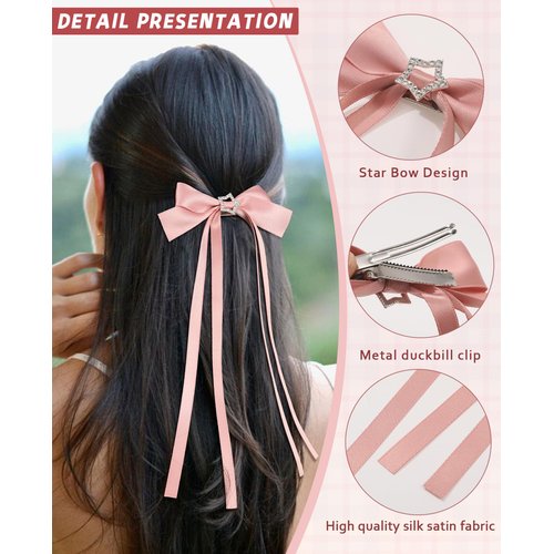 6 PCS Hair Bows for Women-Silky Satin Hair Ribbon Hair Bow Clips Tassel Bowknot Hair Clips with Long Tail Star Bow Hair Barrettes Bow Accessories for Women Girls(pink+black）