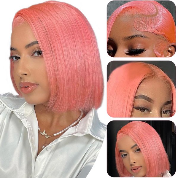Valiilo Bob Wig 13x4 Human Hair Wig Glueless Bob Wig Human Hair Pink 10 Inch Lace Front Wig Human Hair 180% Density Bow Wig