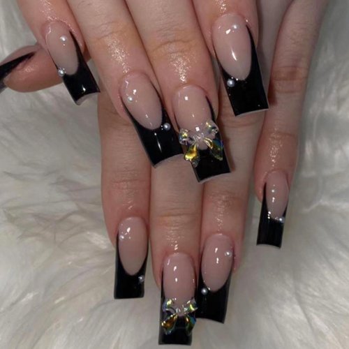 YoYoee Black French Nails Tips Ballerina False Nails Long Square Press on Nails Full Cover Acrylic Pearl Bow Fake Nails for Women and Girls 24PCS
