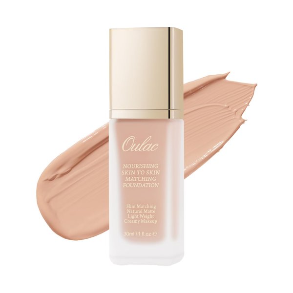Oulac foundation make up, Skincare Infused with Aloe Leaf and Vitamin E, medium to high coverage liquid foundation, Nude Foundation Vagan 30ml