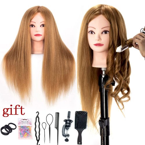 Training dummy head 60% Real Hair Professional Cosmetology Mannequin Manikin Dolls Head, Styling Model for Hairdresser Hair set includes small desktop stand (yellow)