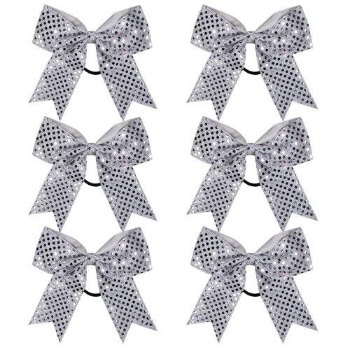 Cheer Bow Sequin 6 Inch 6 Pcs Bling Fling Cheerleader Cheerleading Jumbo Cheer Bow Hair Tie Hair Bow School (Silver)