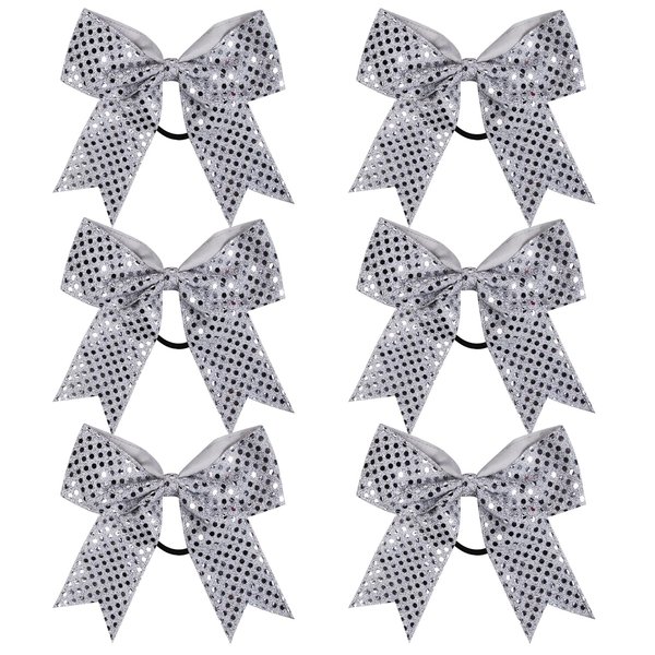Cheer Bow Sequin 6 Inch 6 Pcs Bling Fling Cheerleader Cheerleading Jumbo Cheer Bow Hair Tie Hair Bow School (Silver)