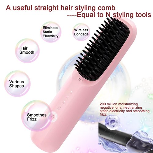 Carbeneat Brusheo Hair Pro Cordless Hair Straightener Brush for Women, Ceramic Heater Surface, 3 Mode Settings, Travel Size, Pink (7.87 inches x 1.77 inches)